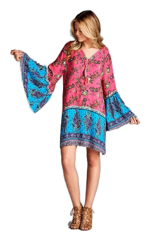 Paisley Bell Sleeve Dress, Pink