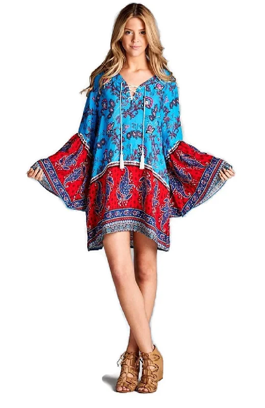 Paisley Bell Sleeve Dress, Turquoise