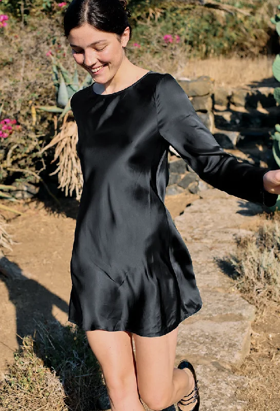 Patrice Black Satin Mini Dress Comfortable Smocked Mini Dress