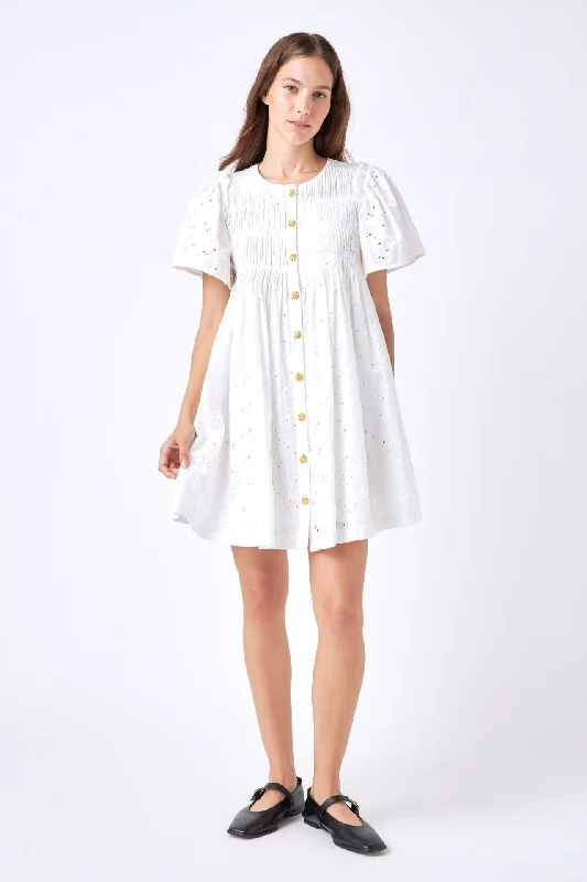 English Factory - Pleated Eyelet Mini Dress Trendy Button-Detail Mini Dress