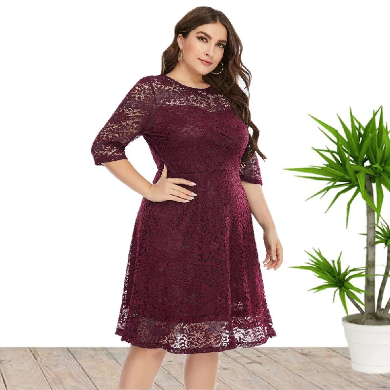 Plus Size Spring Summer  Women Clothes round Neck Lace Dress Mid-Length Formal Dress