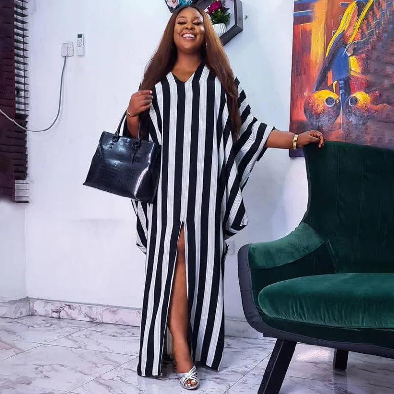 Plus Size Women Clothing Loose Girls Sexy Striped Irregular Asymmetric Dress