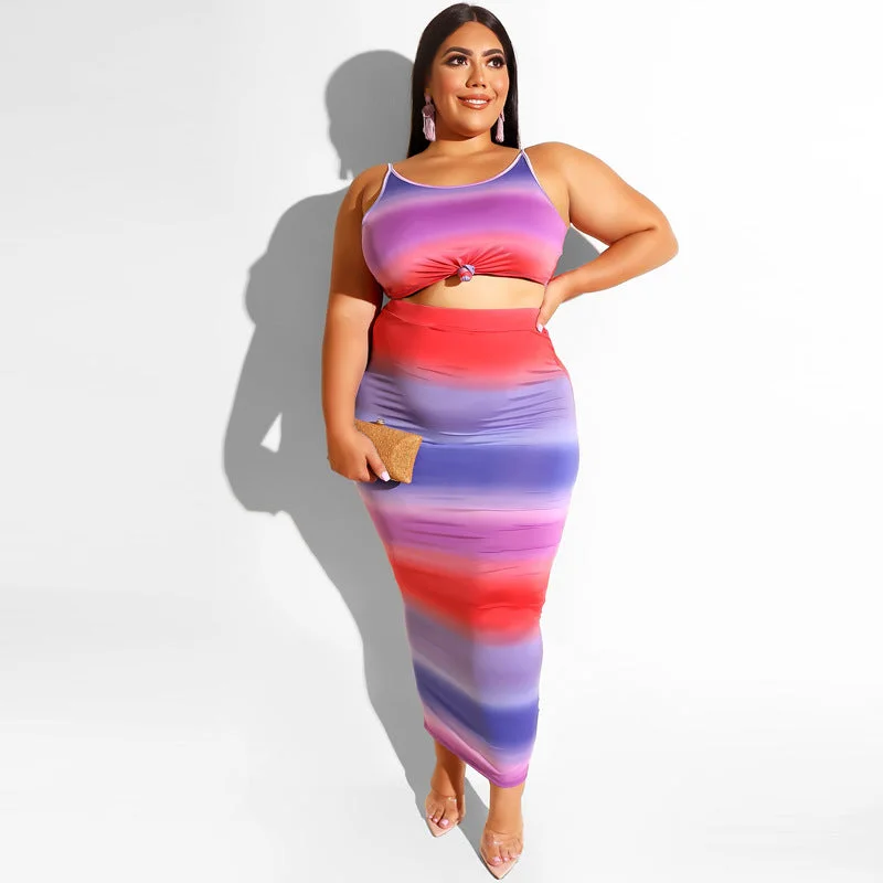 Plus Size Women Leopard Print Sling Mid-Length Dress Set Skinny Sheath Sexy Two-Piece Suit