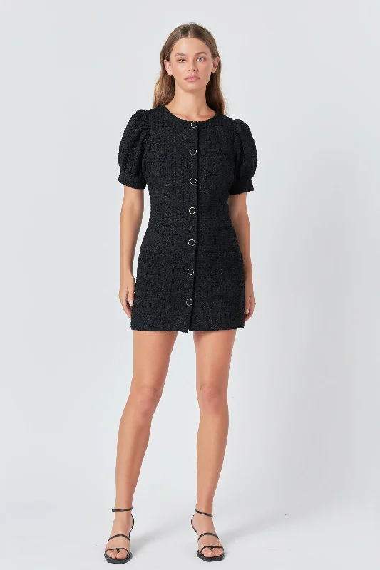 Tweed Puff Sleeve Mini Dress Chic Halter Mini Dress