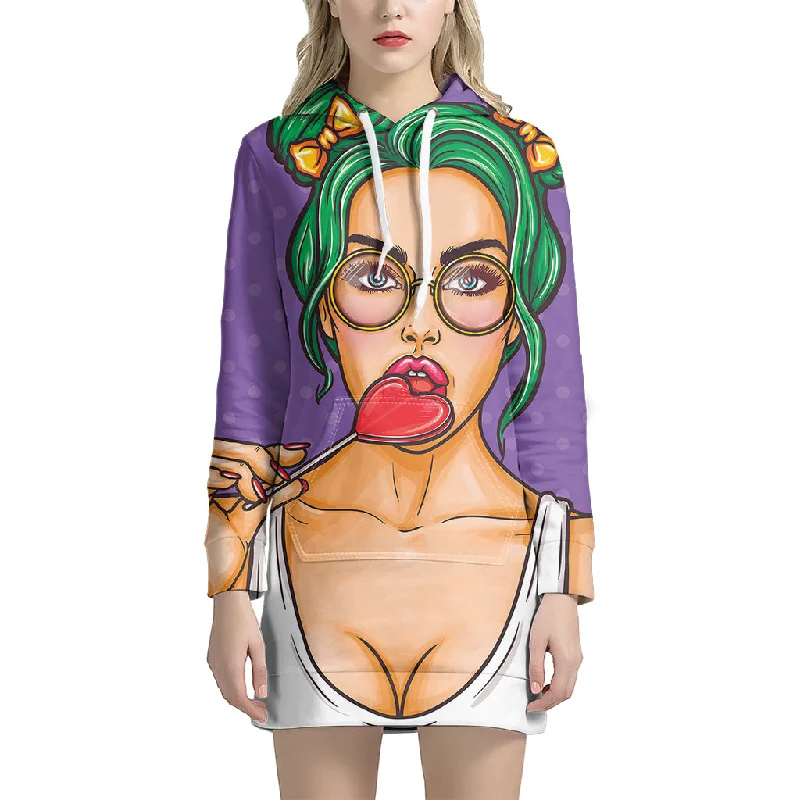 Punk Girl And Lollipop Print Pullover Hoodie Dress