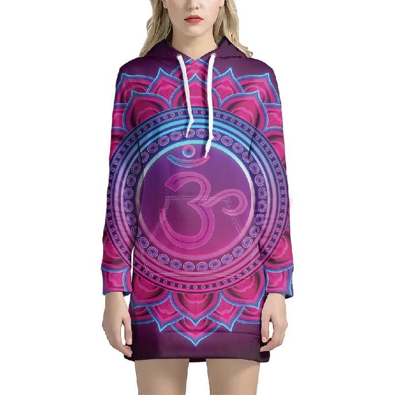 Purple And Teal Om Mandala Print Pullover Hoodie Dress