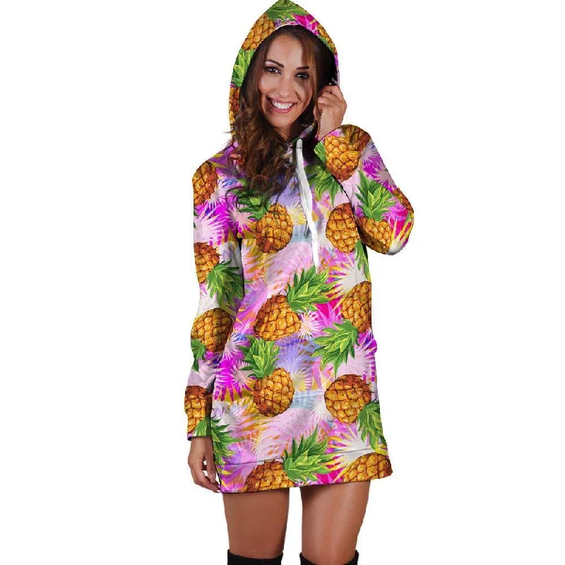 Purple Neon Pineapple Hawaiian Print Hoodie Dress