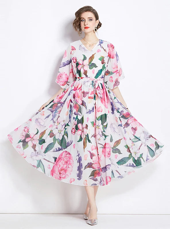RETRO PRINTED V-NECK PLUS SIZE LOOSE DRESS