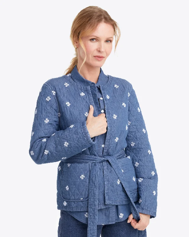 Reversible Belted Jacket in Embroidered Chambray Welt Pockets Slit Pockets Flap Pockets Reversible Belted Jacket in Embroidered Chambray Welt Pockets Slit Pockets Flap Pockets