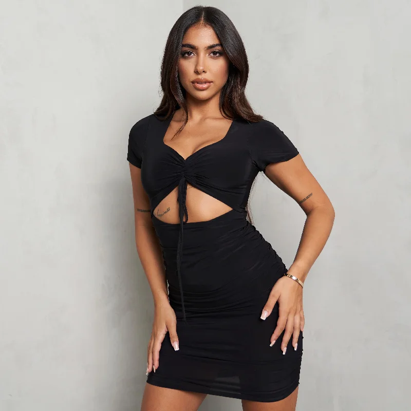 Slinky Cut Out Detail Mini Dress In Black Casual Button-Up Mini Dress