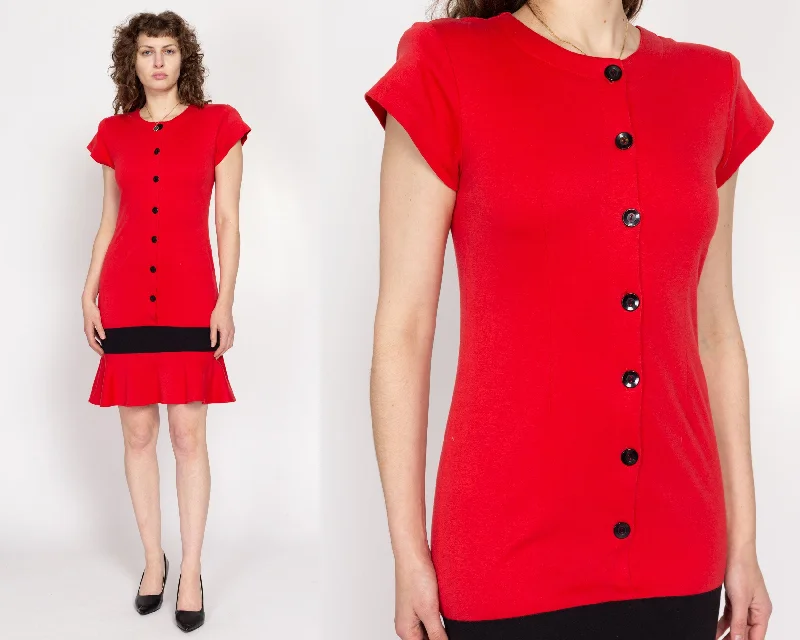 Small 80s Red & Black Color Block Ruffle Hem Dress