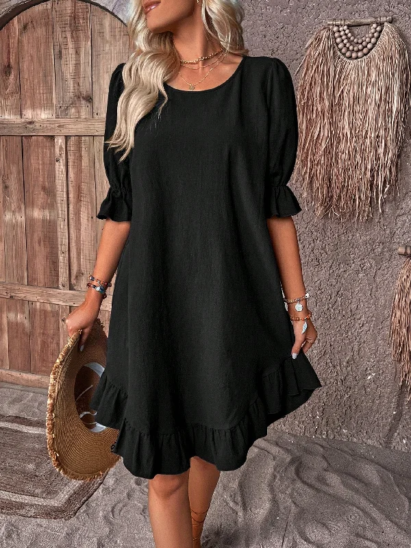 Amy Fashion - Solid Ruffle Hem Smock Dress