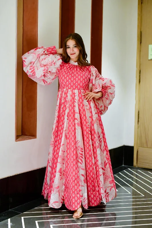 Sonakshi Women's Pink Heavy Digital Printed Cotton Silk Anarkali Dress
