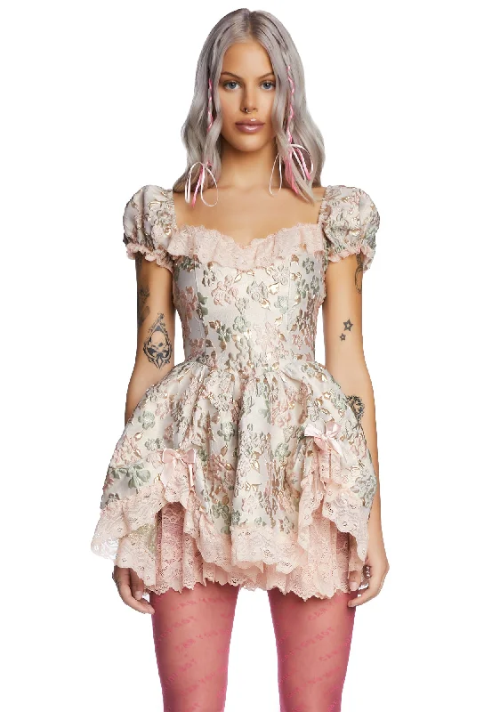 Tea And Circumstance Brocade Mini Dress - Pink Elegant Silk Mini Dress
