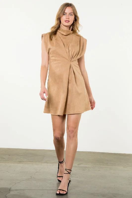 Turtleneck Suede Mini Dress Stylish Plaid Mini Dress