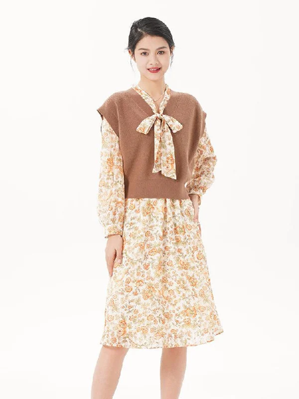 Two-piece Gold Satin Chiffon Dress
