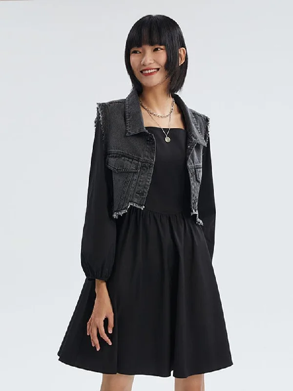 Two-Piece Set Denim Vest And Black Dress