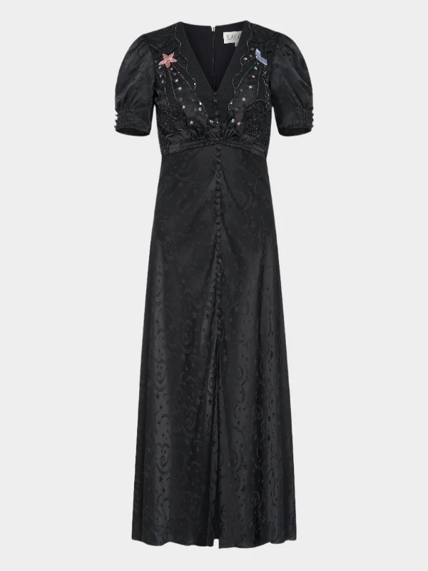 Venyx Lea Long Dress in Black Moonbeam Embroidery