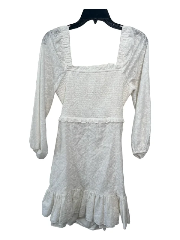 Veronica Beard Size 8 White Cotton Eyelet smocked Ruffle Detail Dress
