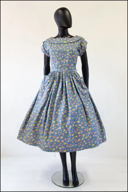 Vintage 1950s 'Painterly Rose' Blue Cotton Dress