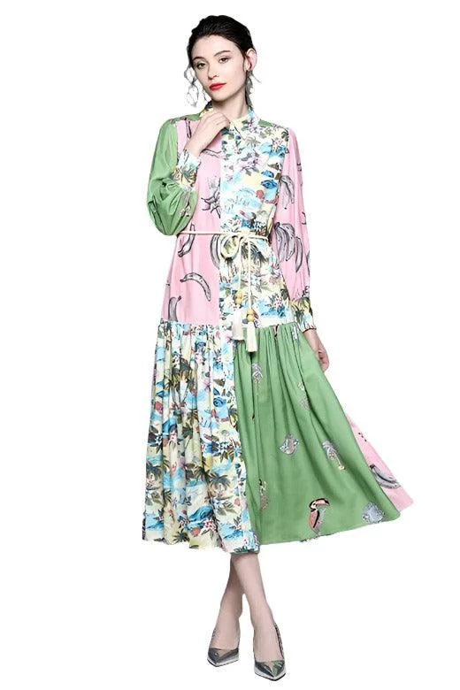 Vintage Green Pink Patchwork Dress