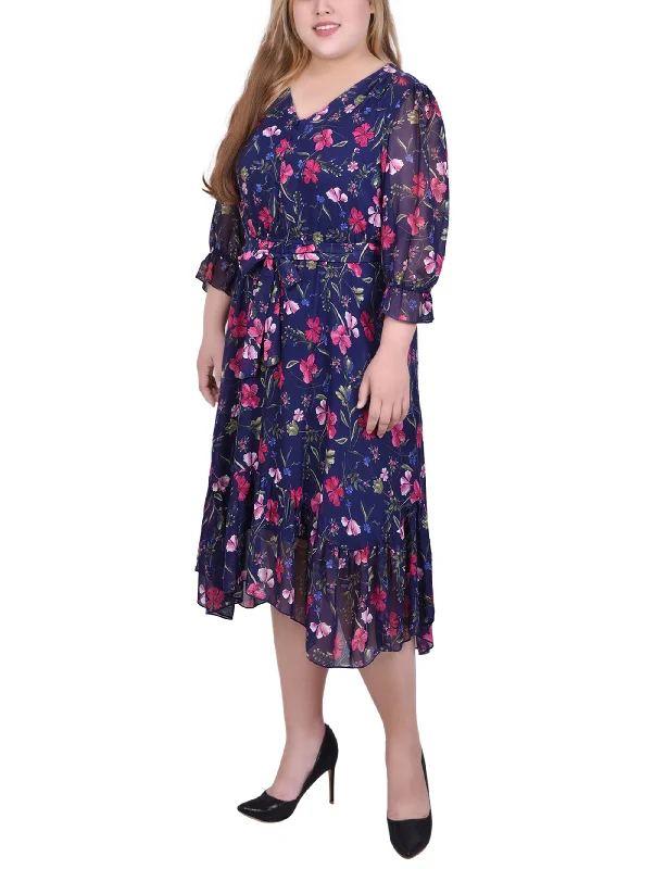 Plus Size 3/4 Sleeve V-Neck Flounced Dress