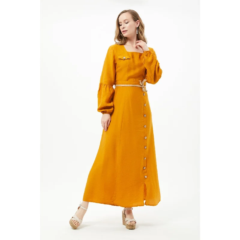 Mustard Button Detail Long Dress