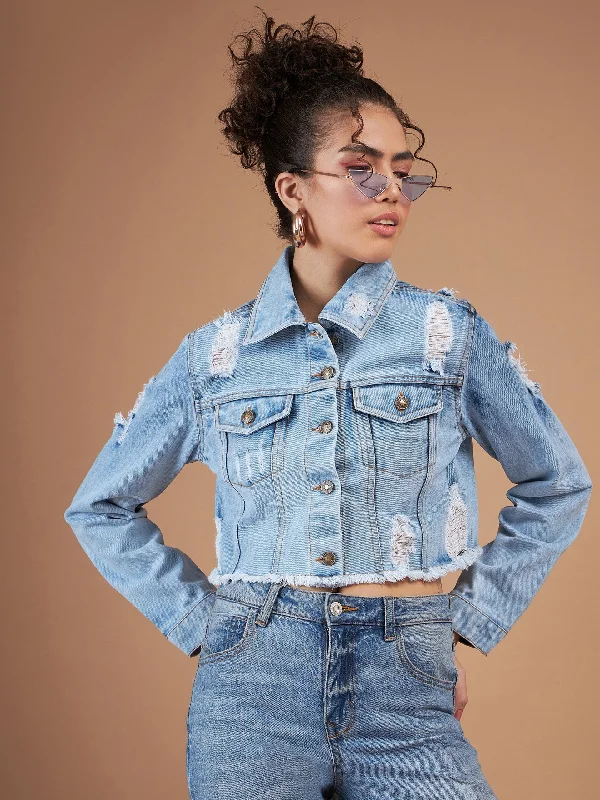 Women Ice Blue Distressed Denim Crop Jacket Faux Fur Fabric Real Fur Fabric Shearling Fabric Women Ice Blue Distressed Denim Crop Jacket Faux Fur Fabric Real Fur Fabric Shearling Fabric