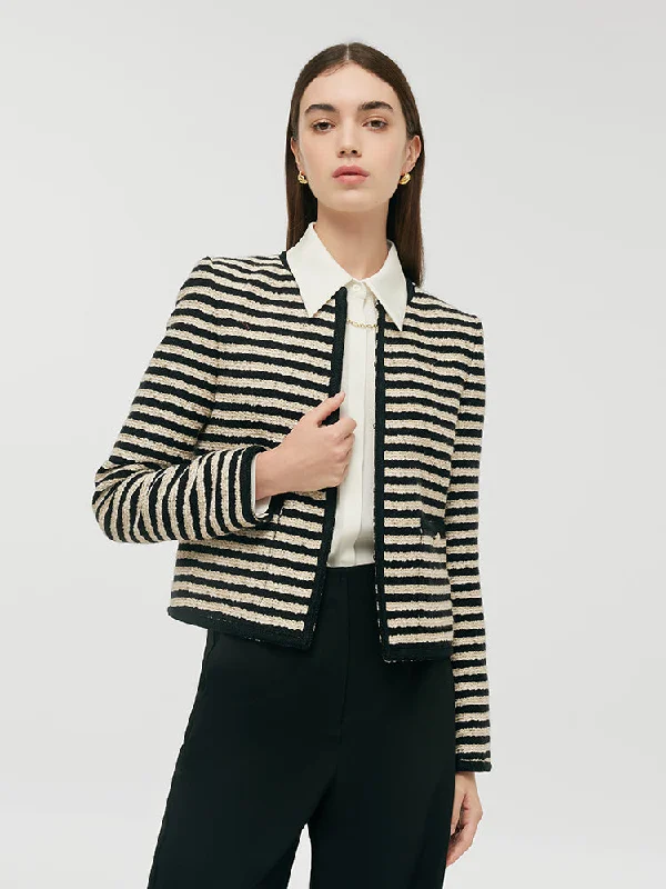 Wool Blend Black And White Stripe Tweed Women Crop Jacket Stand-Up Collar Roll-Neck Collar Turtle Neck Wool Blend Black And White Stripe Tweed Women Crop Jacket Stand-Up Collar Roll-Neck Collar Turtle Neck