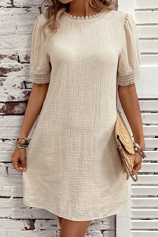 Blue Zone Planet |  Beige Crinkle Lace Trim Puff Sleeve Shift Mini Dress Cozy Knitted Mini Dress