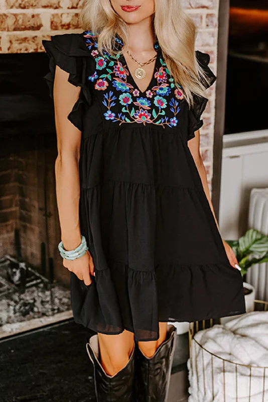 Black Floral Embroidered Tiered Ruffled Mini Dress Cozy T-Shirt Mini Dress