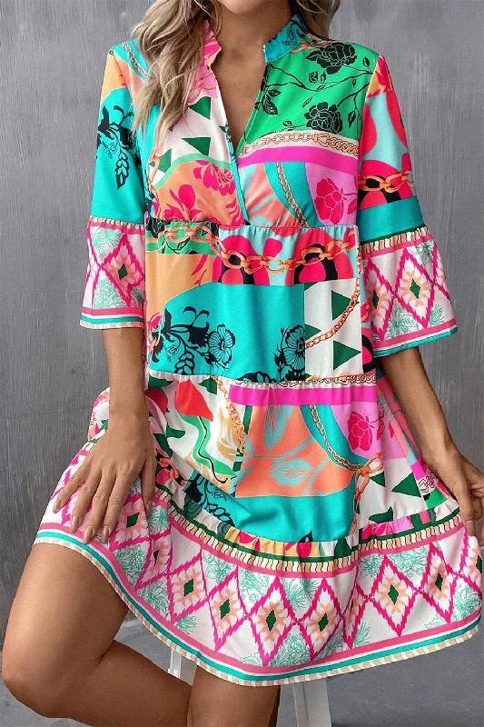 Blue Zone Planet |  Printed Surplice Half Sleeve Mini Dress Elegant Mini Dress with Ruffles