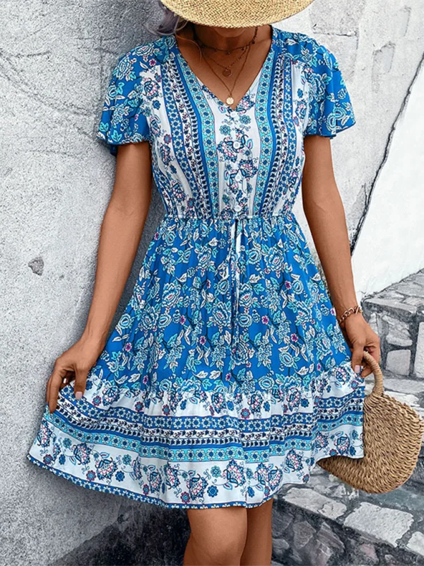 Blue Zone Planet |  Valentina's Bohemian N-Neck Ethnic Floral Mini Dress Trendy Mini Dress with Belt