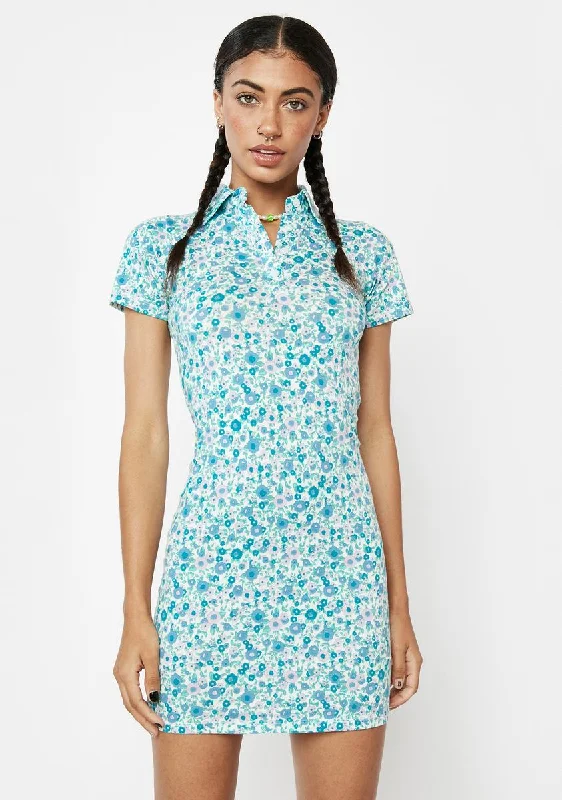 Flower Power Blue Jeeves Mini Dress Comfortable Linen Mini Dress