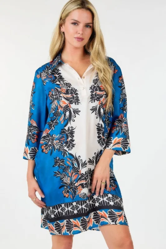 Blue Zone Planet |  Helena's Boho Multi Colored Collar Neck 3/4 Sleeve Mini Dress Stylish Plaid Mini Dress