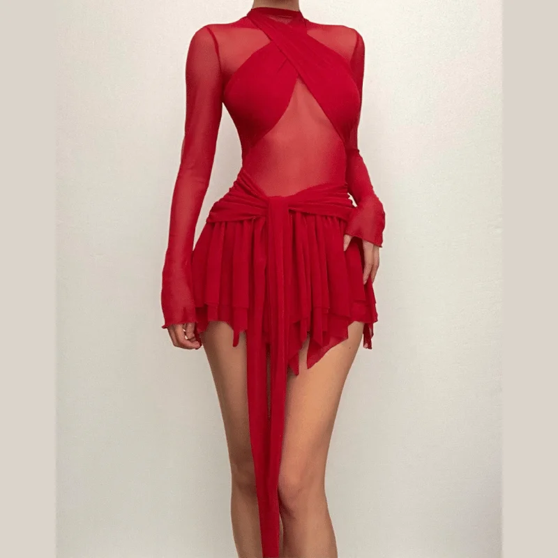 Long sleeve ruffle ruched cross front halter sheer mesh mini dress Fashionable Summer Mini Dress