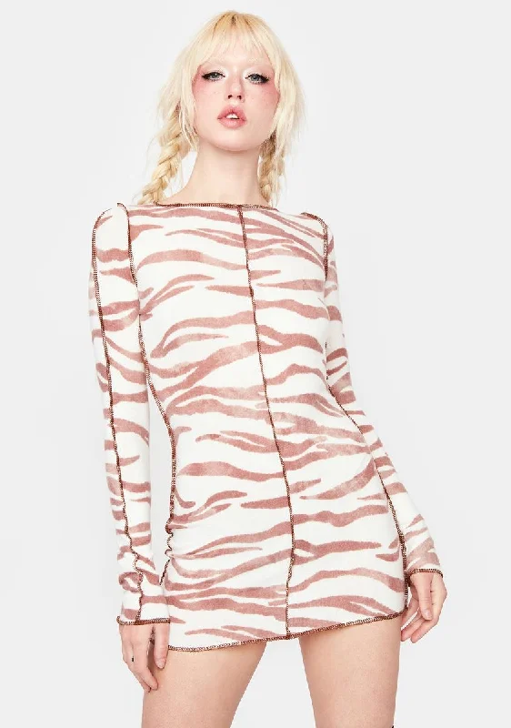 Mauve Zebra Mini Dress Cozy Knitted Mini Dress