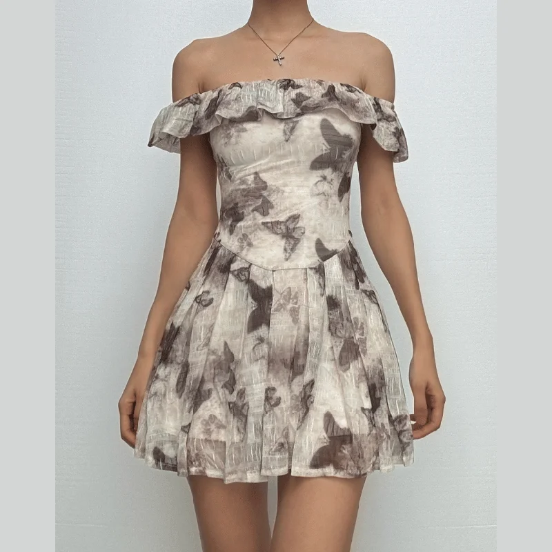 Off shoulder ruffle butterfly print mini dress Fashionable Mini Dress with Pockets