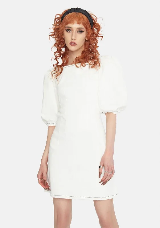 Off White Puff Sleeve Mini Dress Trendy A-Line Mini Dress