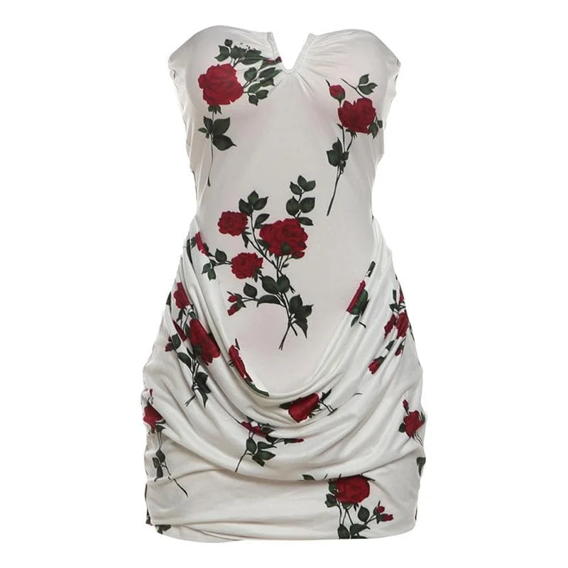 Ruched flower print tube mini dress Cozy Cowl Neck Mini Dress