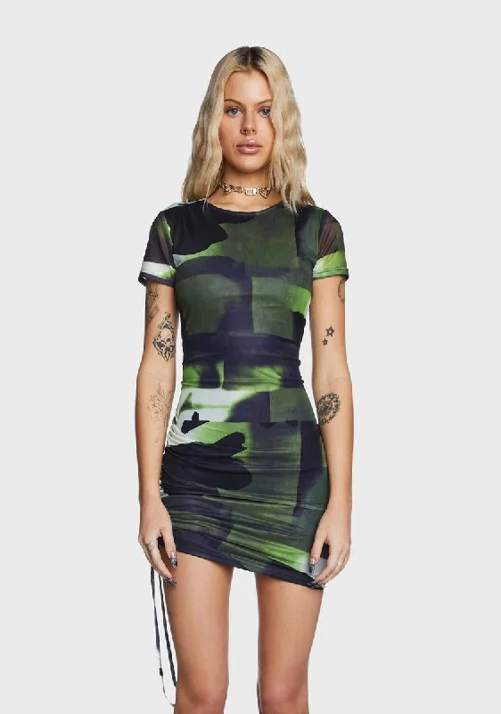 Ruching Detail Printed Mesh Mini Dress Comfortable Casual Mini Dress