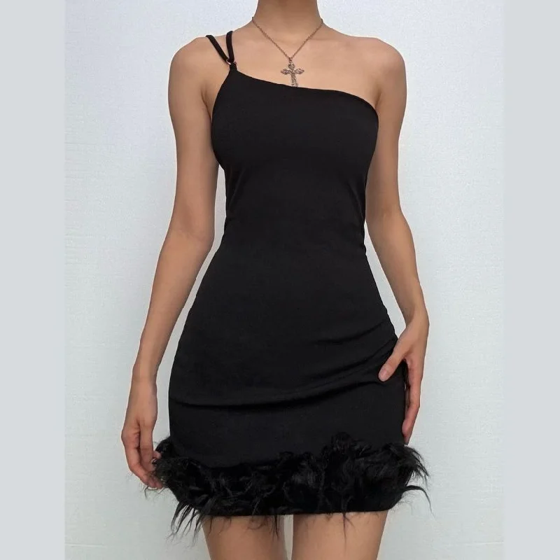 Solid irregular feather patchwork backless mini dress Classic Solid Mini Dress