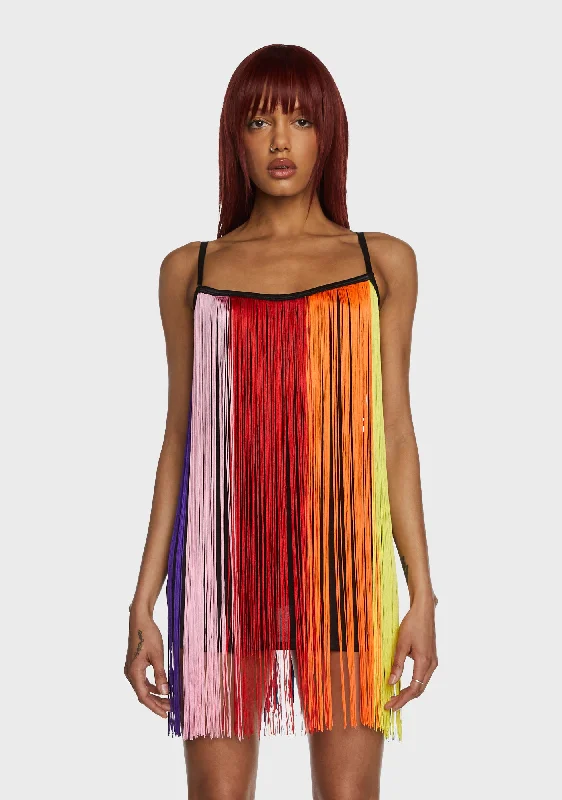 Technicolor Trip Fringe Mini Dress Stylish Sweetheart Neck Mini Dress