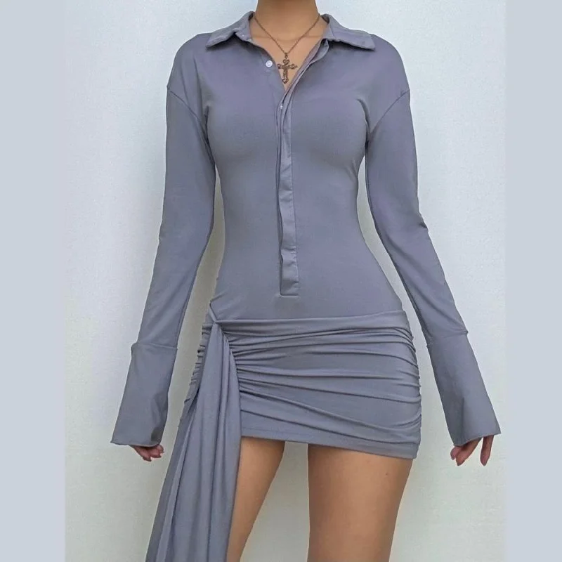 Turnover collar long sleeve button ruched mini dress Fashionable Off-Shoulder Mini Dress