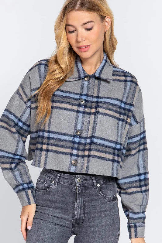 Wool Plaid Oversized Crop Jacket Notch Collar Peter Pan Collar Cowl Neck