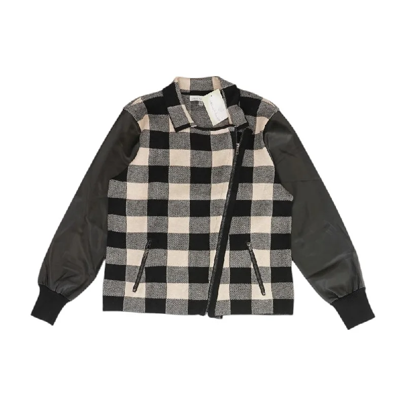 Black Check Lightweight Jacket Zip Front Button Front Snap Front