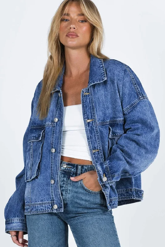 Long Sleeve Button-down Oversized Denim Blue Jean Jacket Zippered Front Buttoned Front Snap Front