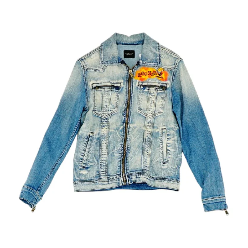 Blue Solid Denim Jacket Front Pockets Side Pockets Patch Pockets