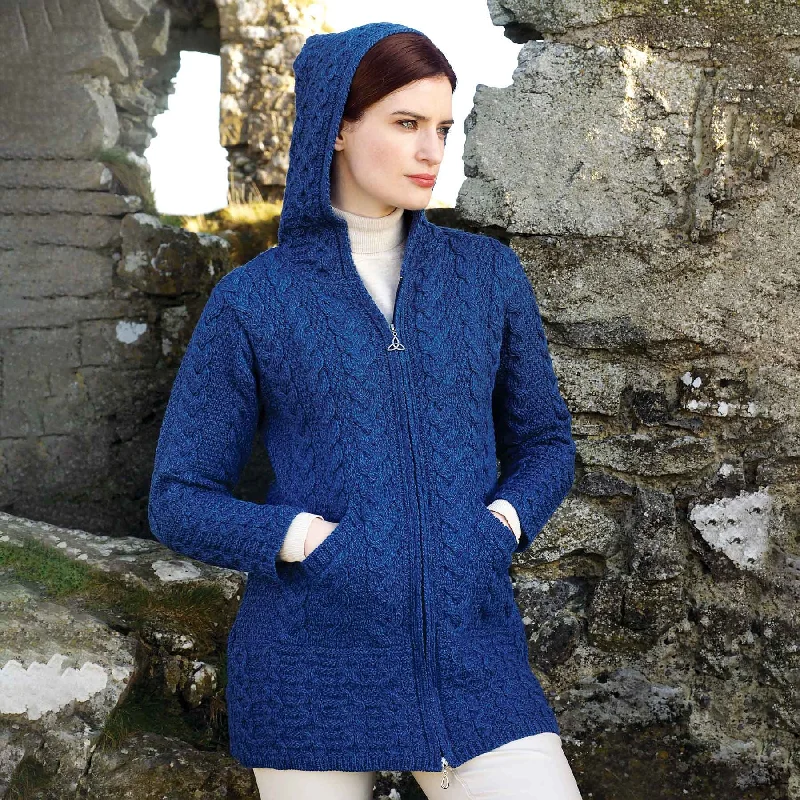 Galway Zip Up Hooded Aran Knit Jacket- Marl Blue Herringbone Jacket Houndstooth Jacket Plaid Jacket