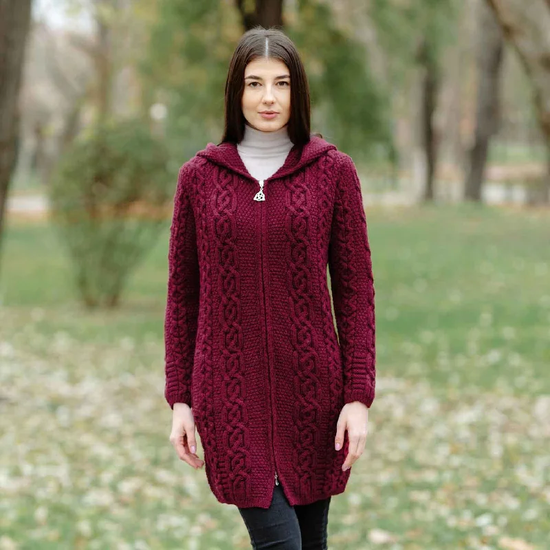 Women's Celtic Aran Knit Jacket, Wine Front Pockets Side Pockets Patch Pockets